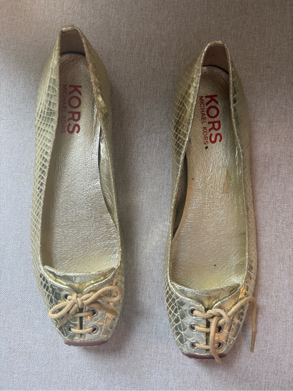 Michael Kors Metallic Gold Croc-Embossed Lace-Front Ballet Flats